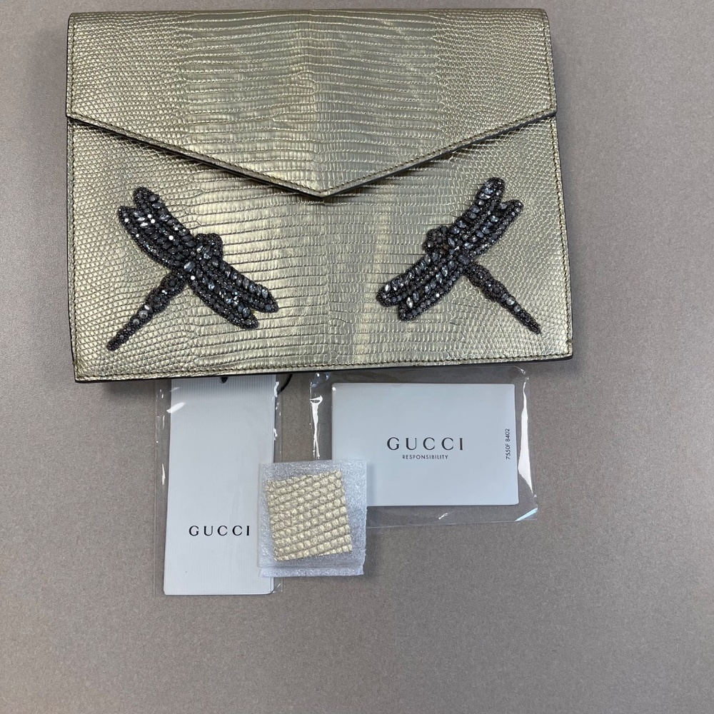 Gucci Gold Laminated Lizard Clutch w/ Crystal Dragonfly Embellishments-Preloved - Picture 3 of 16